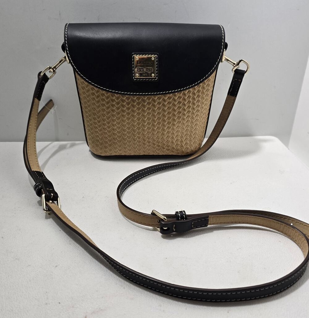 Dooney & Bourke Black/Tan Beacon Leather Woven Slim Crossbody Binocular Bag